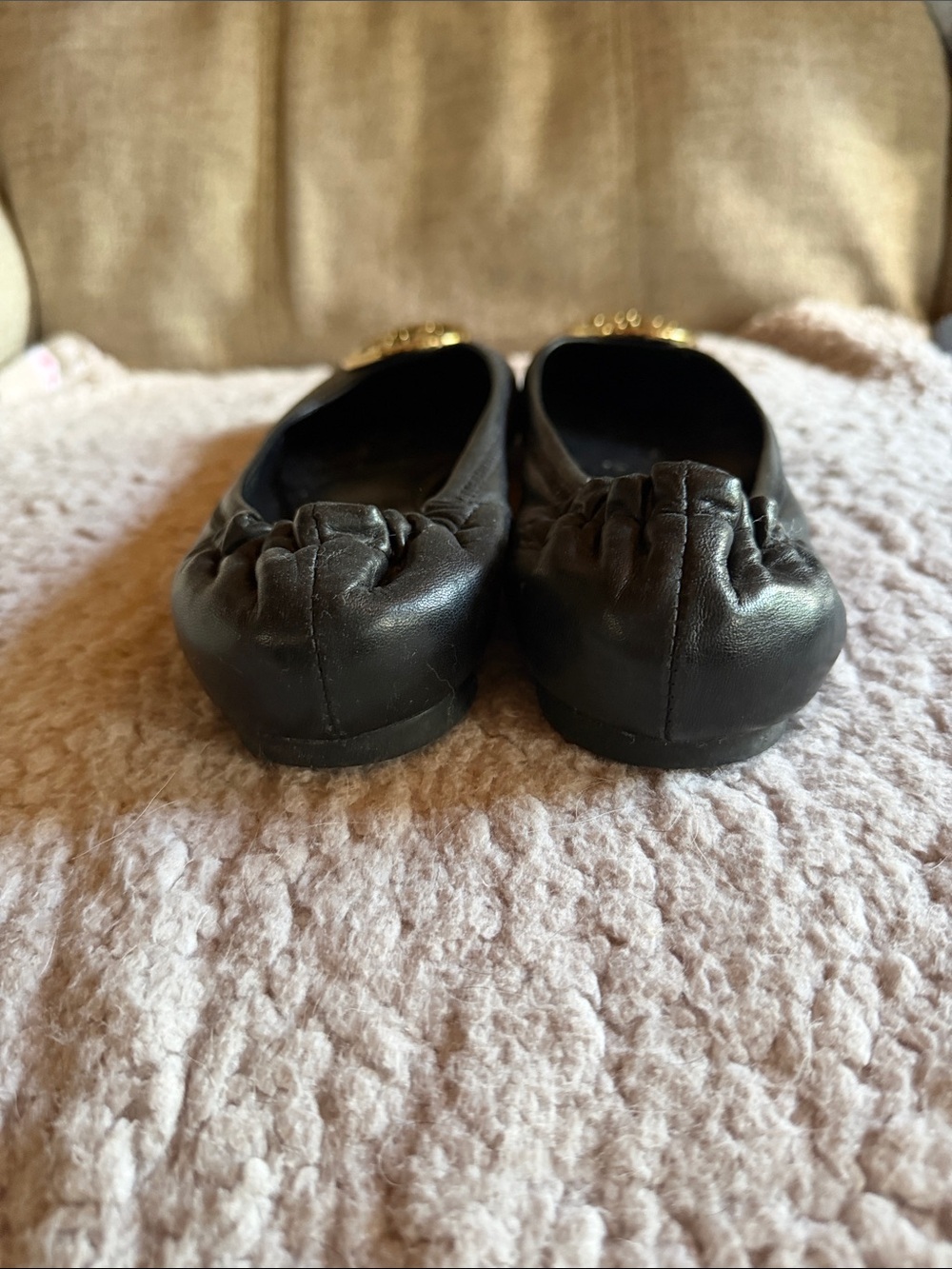 Tory Burch Black Leather Ballet Flats with Gold Logo Emblem - Picture 3 of 6